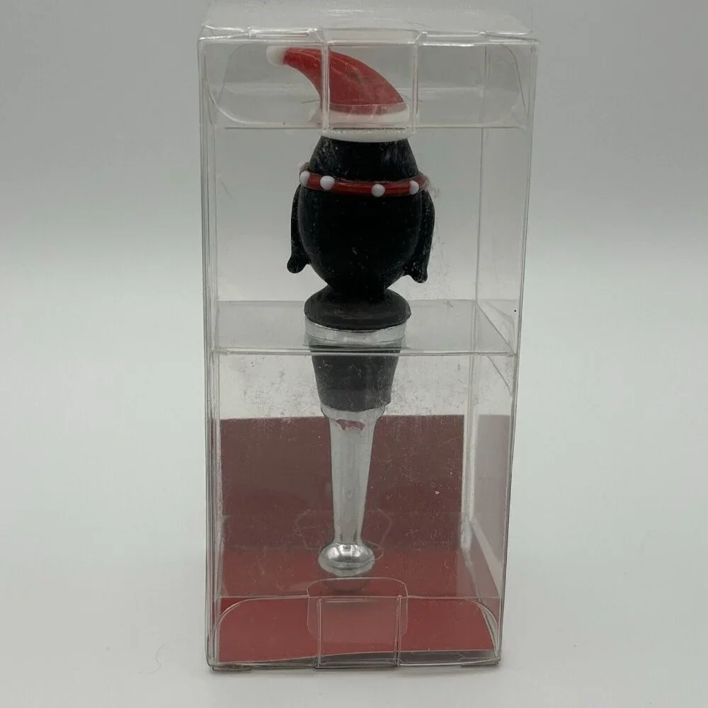 Pier 1 Imports Art Glass Penguin Wine Bottle Stopper Christmas Holiday Santa Hat